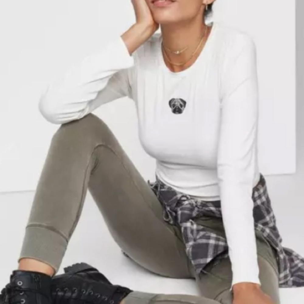 Wild Fable White Pug Ribbed Long Sleeved Crop Top Small NEW